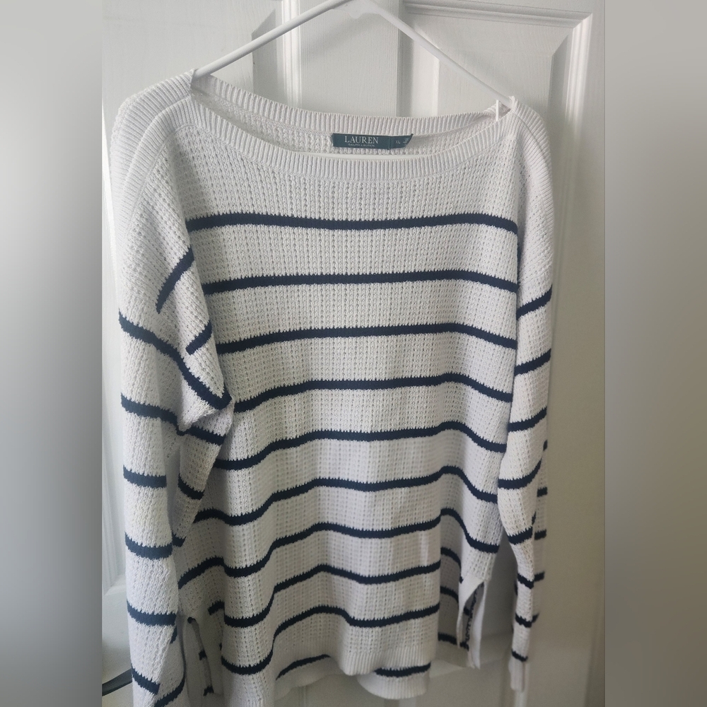 Lauren Ralph Lauren White W/ Navy Stripe Boat Neck  Sweater XL